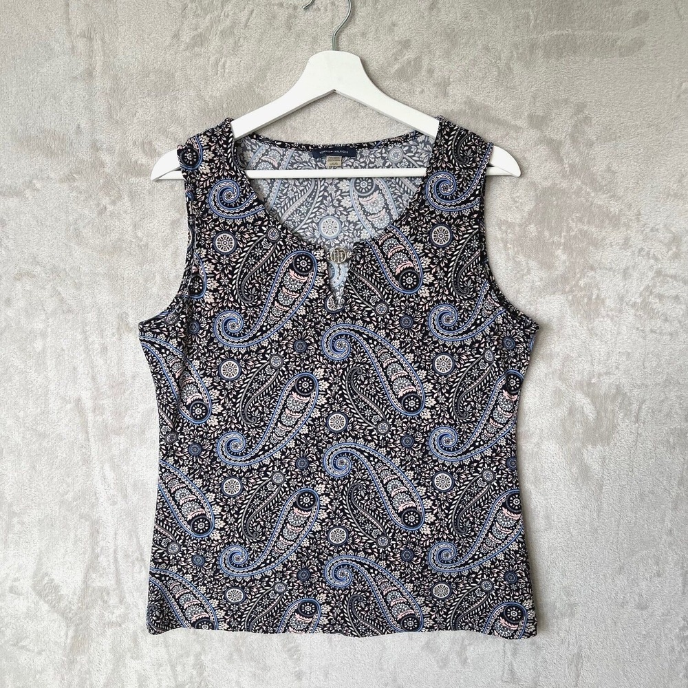 Tommy Hilfiger Black Paisley Sleeveless Tank Keyhole Notch Neckline Sz Large